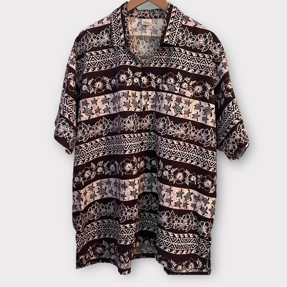 Happy Bay Hawaiian Shirt Men’s XXL Brown White Floral Turtle Spring Party